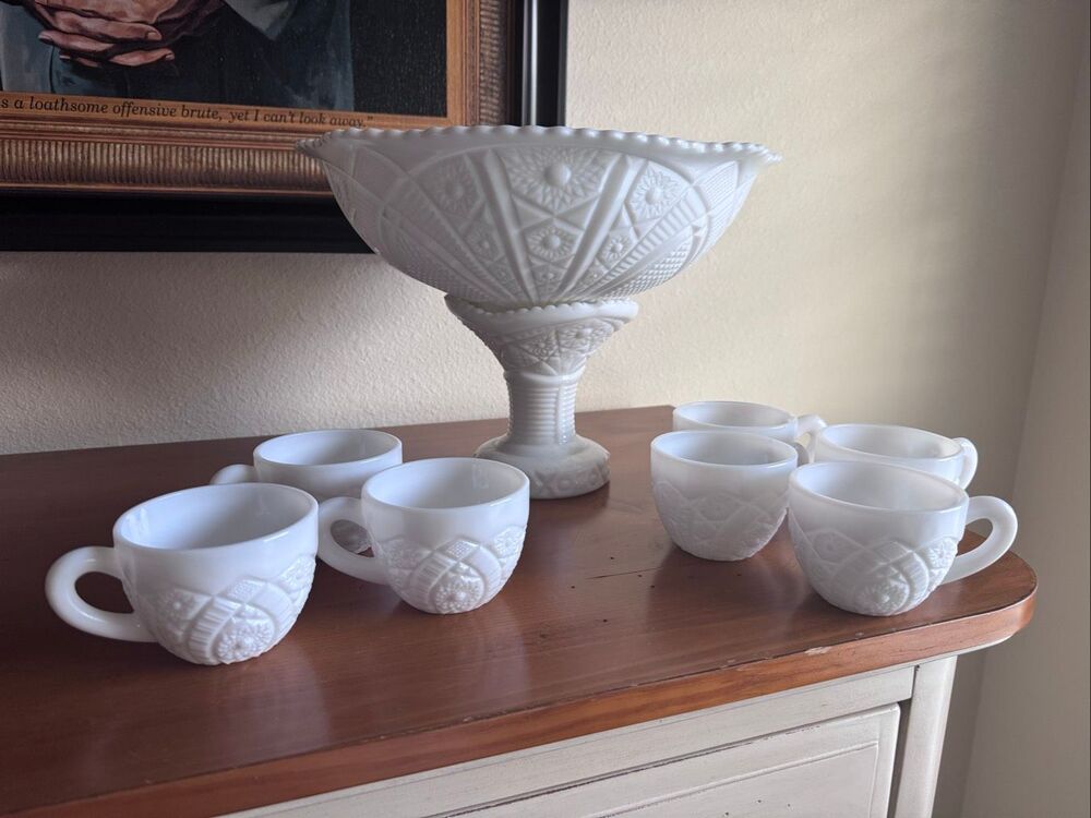 Milk glass punch bowl set 7 matching cups etched vintage Victorian spiked 90’s t